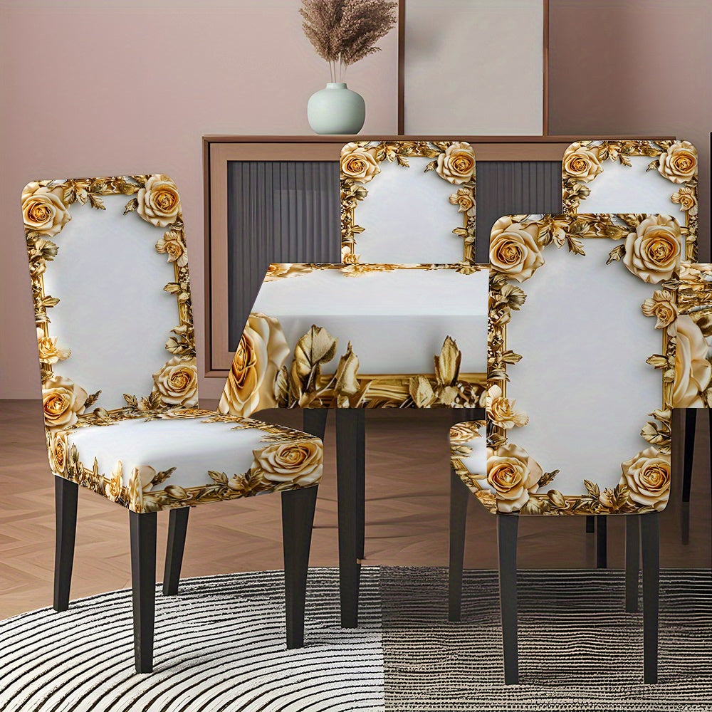 5pcs/ 7pcs luxury Golden flower pattern tablecloth and chair cover set, 5pcs (1 tablecloth 4 chair covers), 7pcs (1 tablecloth 6 chair covers), non-slip tablecloth chair cover, suitable for family gatherings, festive table an