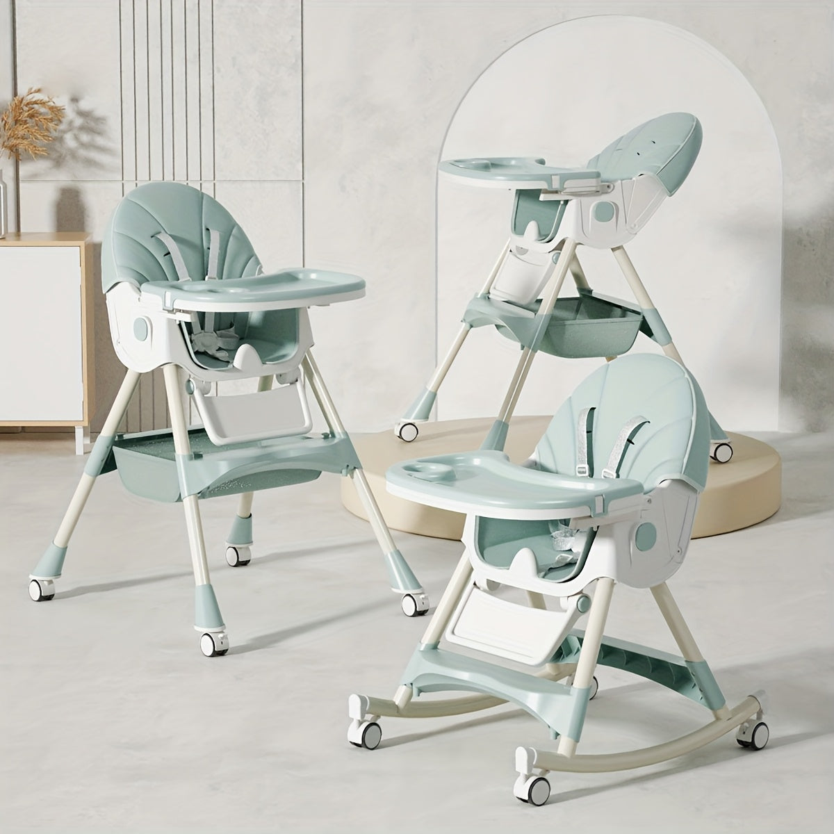 1pc Adjustable Youngsters' Dining Chair - Multi-Functional, Portable, PU Leather, Blue & White Pattern, 5-Point Harness, Tray Included, Perfect for Home Use