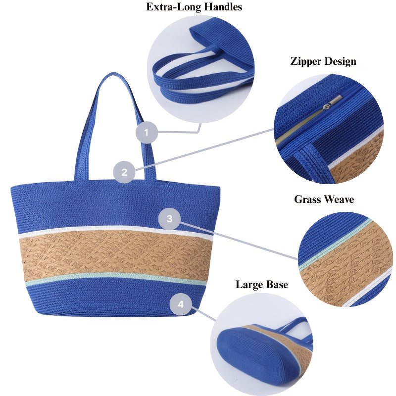 Summer Travel Set: 2pcs Wide Brim Straw Hat And Large Capacity Beach Bag with Zipper Closure, Perfect for Summer Outdoor Adventures, Camping, And Beach Vacation