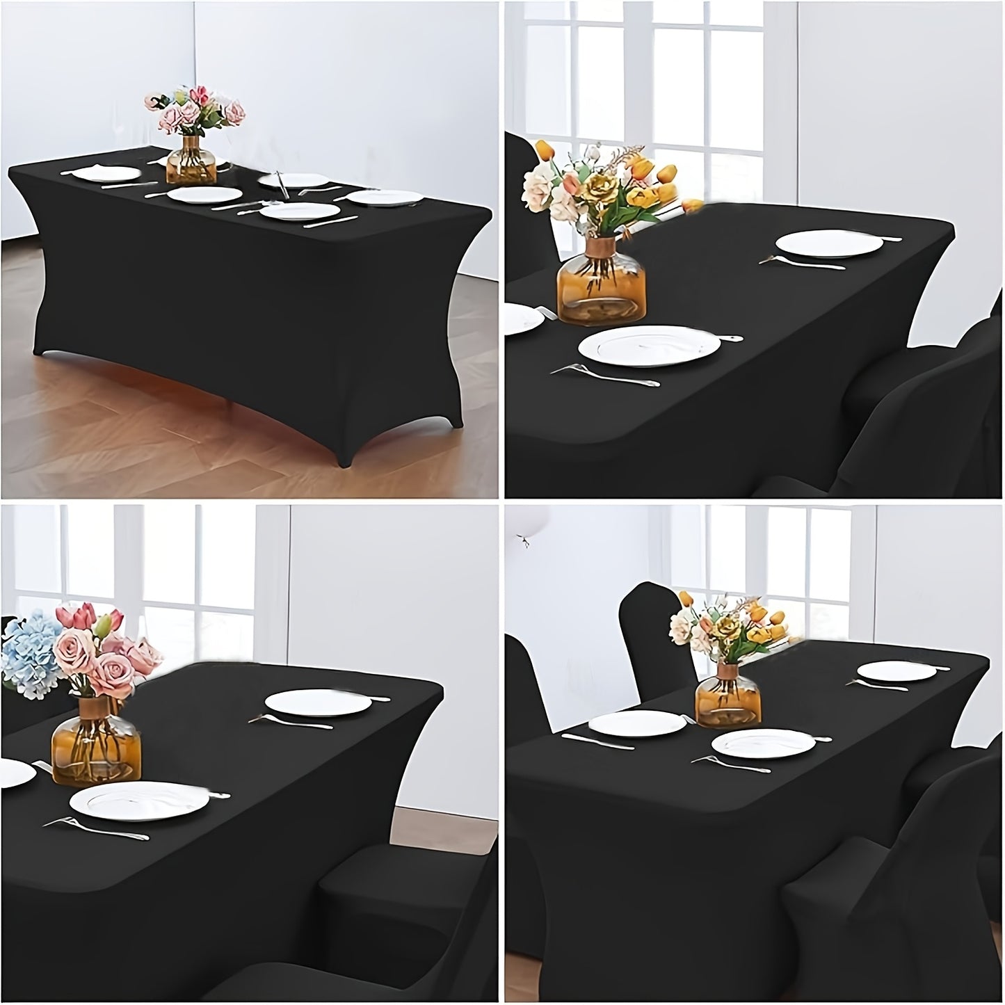 16pcs/Pack Of Rectangular 6ft Elastic Knit Fabric Table Covers, Black Color, Suitable for Decorating Dining Tables In Kitchens, Outdoor Events, Valentine's Day, Women's Day, Easter, Anti-wrinkle And Easy-to-clean Table Cover,