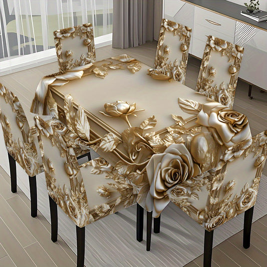 5pcs/ 7pcs Luxury Golden Flower Pattern Tablecloth And Chair Cover Set, 5pcs (1 Tablecloth 4 Chair Covers), 7pcs (1 Tablecloth 6 Chair Covers), Non-Slip Tablecloth Chair Cover, Suitable for Family Gatherings, Holiday Table An
