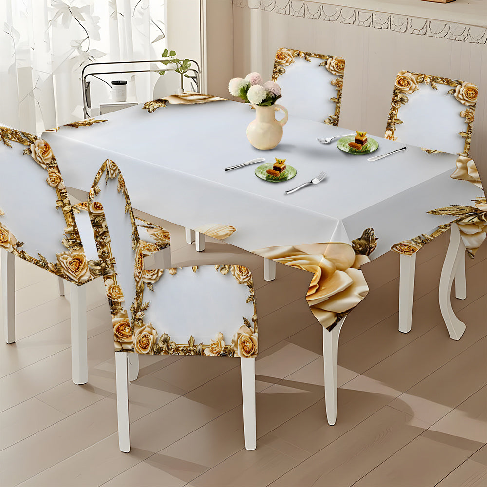 5pcs/ 7pcs luxury Golden flower pattern tablecloth and chair cover set, 5pcs (1 tablecloth 4 chair covers), 7pcs (1 tablecloth 6 chair covers), non-slip tablecloth chair cover, suitable for family gatherings, festive table an
