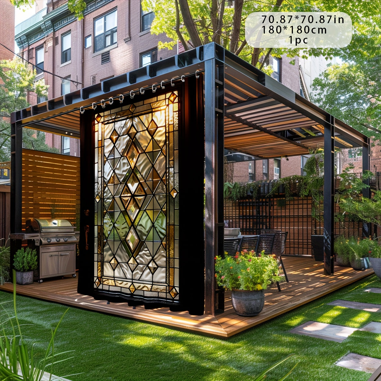 Outdoor Curtain, Semi-transparent Glass Door Print Pattern 2D, Machine Washable Suitable for Patio, Pavilion, Courtyard, Garden, Bathroom, All Seasons with Hook, 1pc/2pcs Sunshade Curtain, Toilet Cover, Bathroom Accessories,