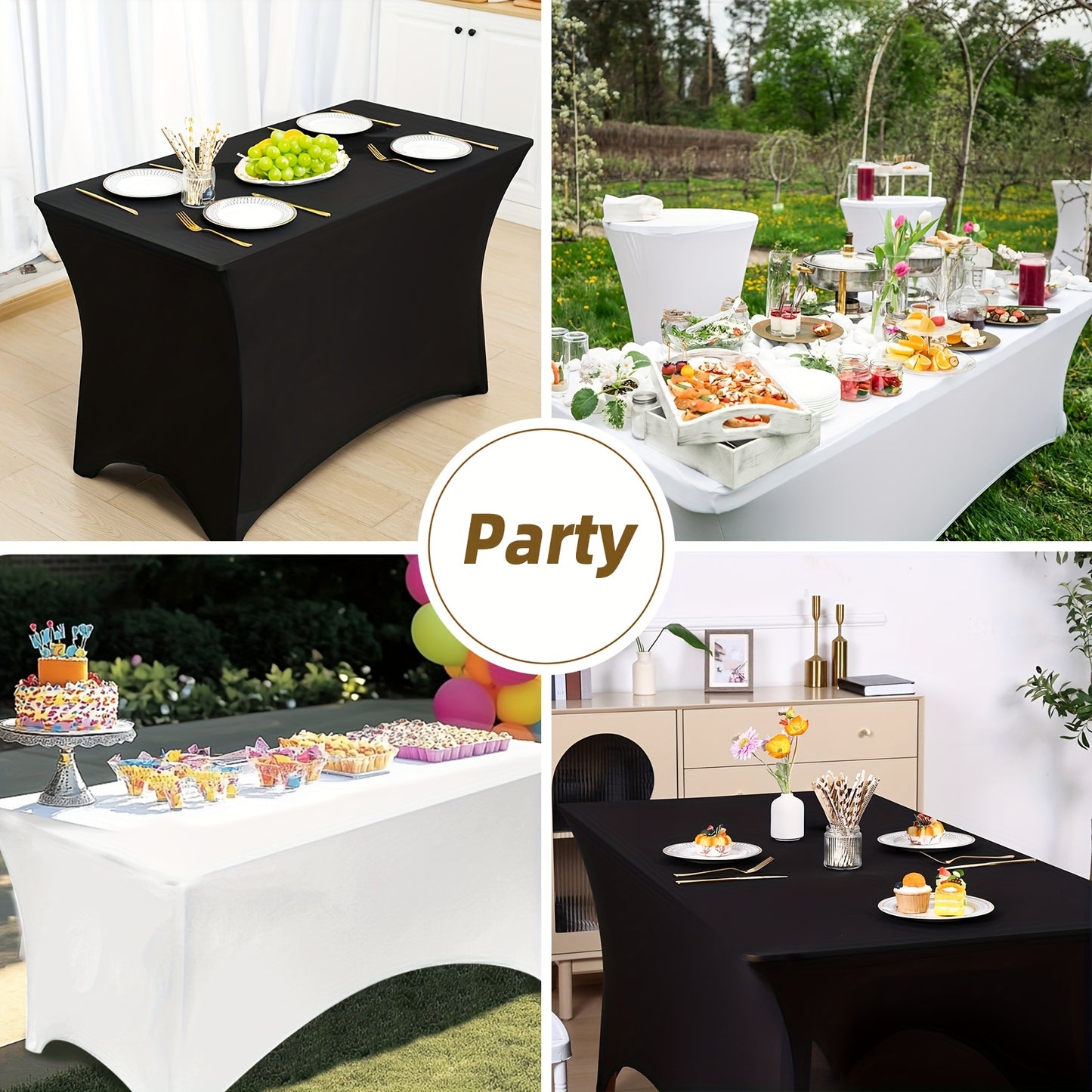 TOMNK 3pcs Black/white Table Cloths Rectangle 4ft/6ft/8ft, Tablecloths Rectangular Stretch Spandex Fitted Table Covers, Trade Shows, Banquet, Weddings, Buffet, Graduation Decorations
