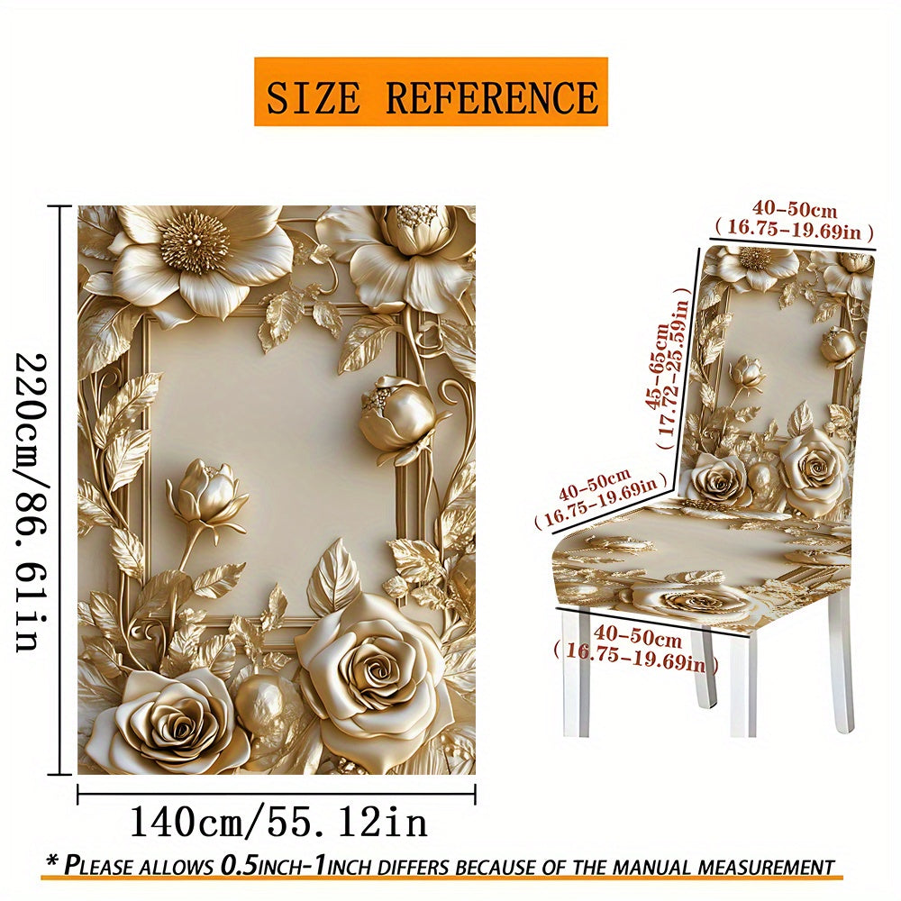 5pcs/ 7pcs Luxury Golden Flower Pattern Tablecloth And Chair Cover Set, 5pcs (1 Tablecloth 4 Chair Covers), 7pcs (1 Tablecloth 6 Chair Covers), Non-Slip Tablecloth Chair Cover, Suitable for Family Gatherings, Holiday Table An