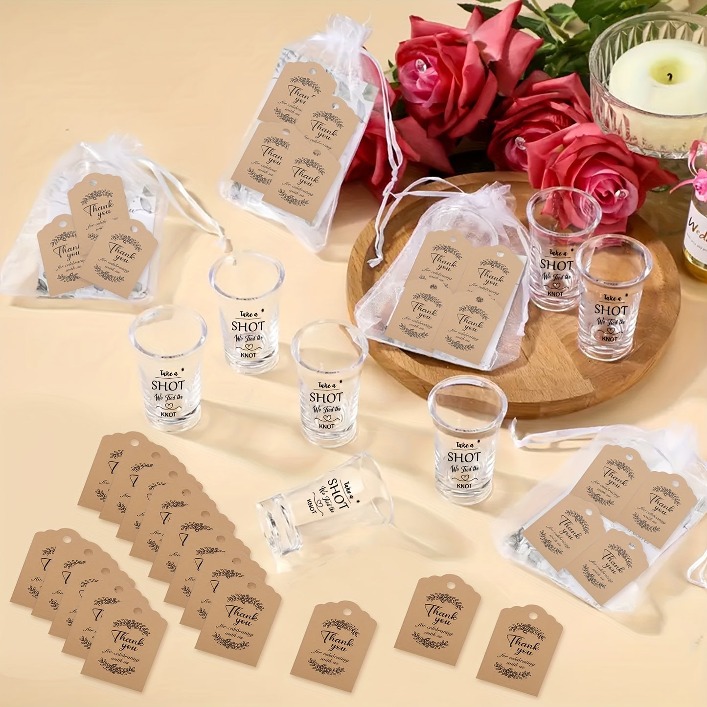 90pcs/30 Sets Wedding Favors for Guests, Acrylic Clear Shot Glasses with Thank You Cards, Organza Bags And 'Take A Shot We Tied The Knot' Stickers for Engagement Bridal Shower Party Gift Souvenirs, Birthday Party, Multi-Item