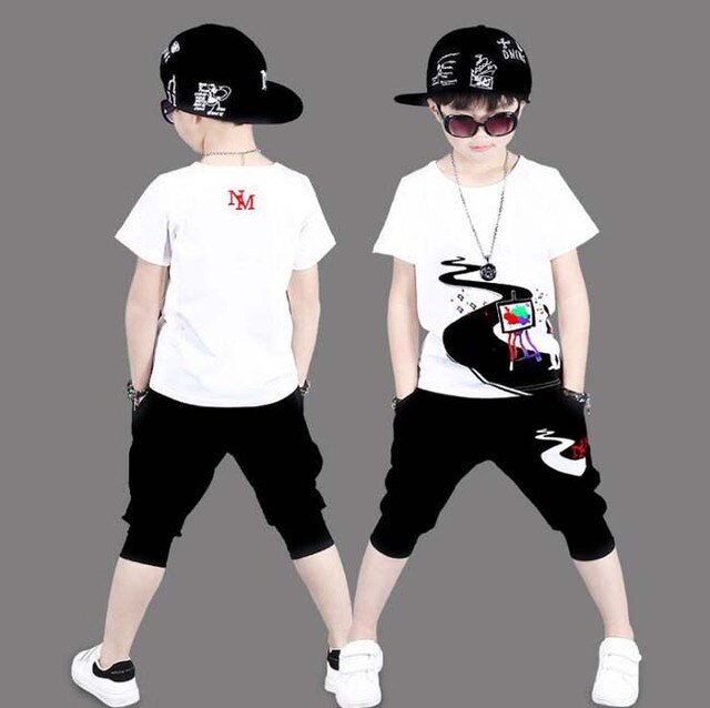 2 Pieces Suit Kids Teenage Boys Clothing Sets Hip-hop Dancing Sports Tracksuits Cotton T-shirt + Shorts Boys Summer Outfits