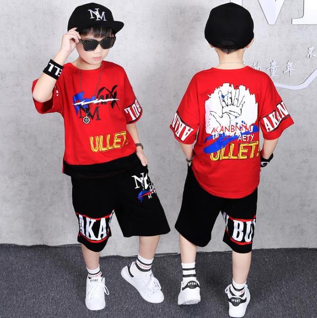 2 Pieces Suit Kids Teenage Boys Clothing Sets Hip-hop Dancing Sports Tracksuits Cotton T-shirt + Shorts Boys Summer Outfits