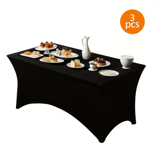 TOMNK 3pcs Black/white Table Cloths Rectangle 4ft/6ft/8ft, Tablecloths Rectangular Stretch Spandex Fitted Table Covers, Trade Shows, Banquet, Weddings, Buffet, Graduation Decorations