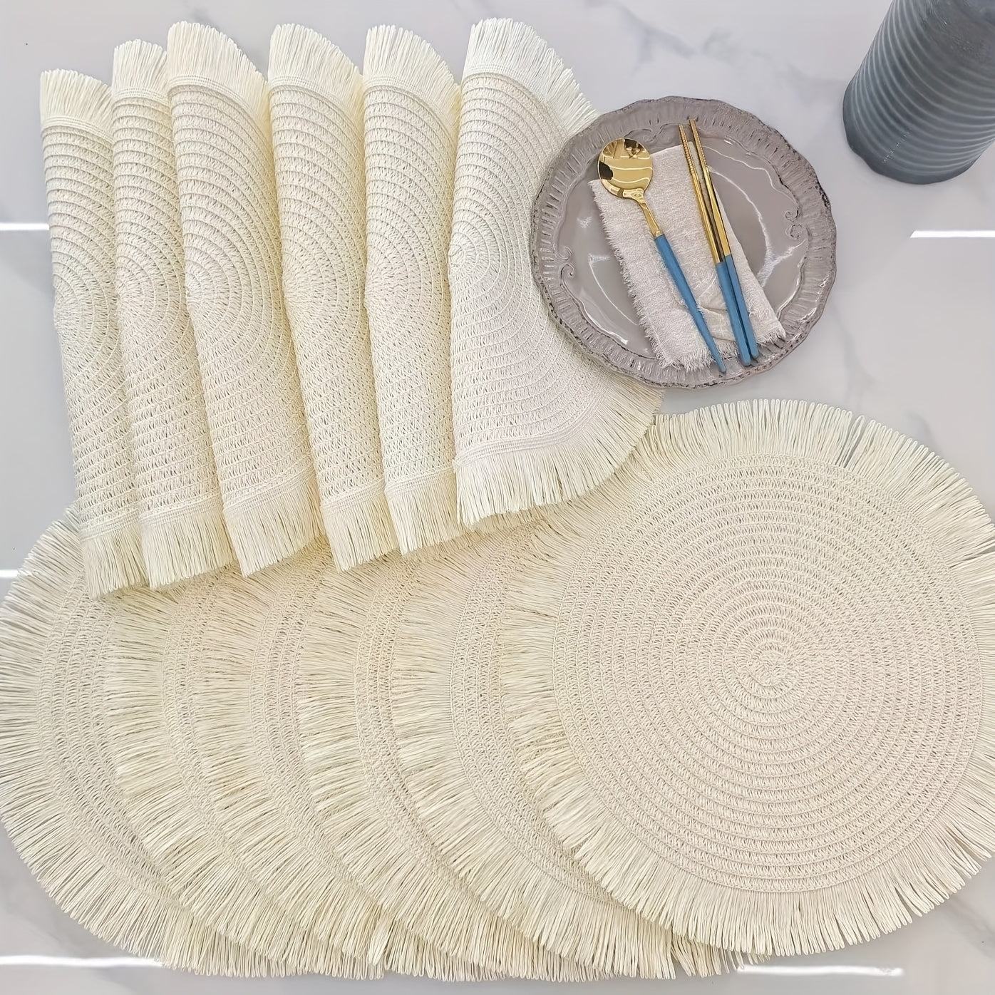 [12pcs Bohemian Linen Placemats]12pcs Bohemian-Style Round Placemats with Tassels, 6 Popular Colors, 15Inch Farmhouse Paper Placemats for Natural Farmhouse Table Family Gatherings Birthdays Party Decor, Heat-Resistant Protect