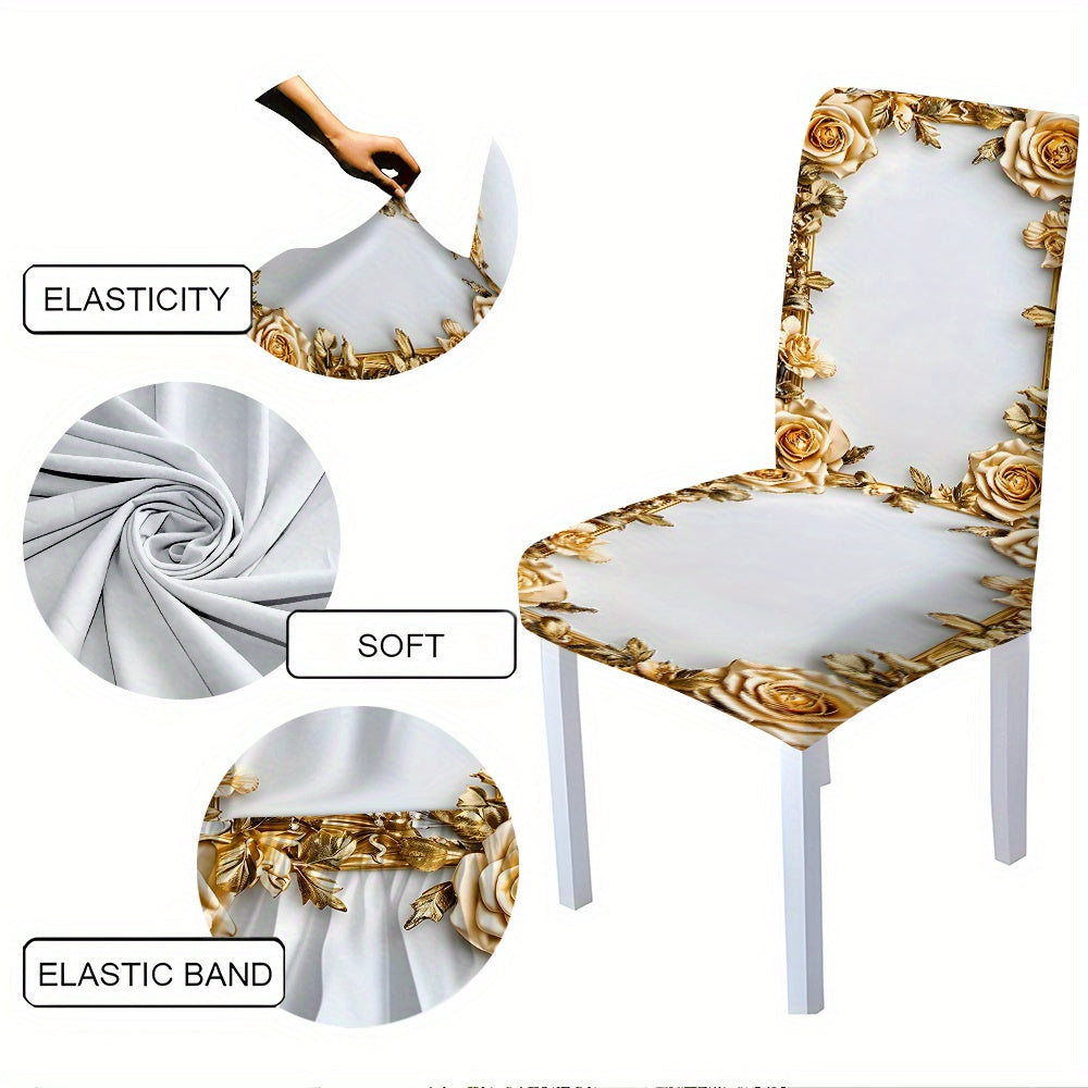 5pcs/ 7pcs luxury Golden flower pattern tablecloth and chair cover set, 5pcs (1 tablecloth 4 chair covers), 7pcs (1 tablecloth 6 chair covers), non-slip tablecloth chair cover, suitable for family gatherings, festive table an