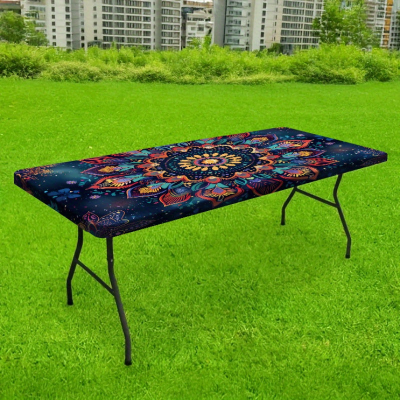 1/3pcs Outdoor Picnic Tablecloth Set (1 Tablecloth + 2 Stool Sets) Bohemian Style Colorful Floral Elastic Tablecloth, Edge Elastic Tablecloth, Suitable for Picnics, Camping, and Outdoor Activities