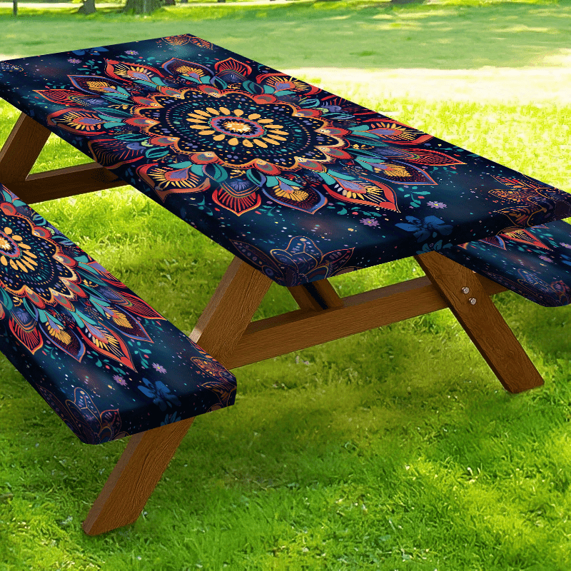 1/3pcs Outdoor Picnic Tablecloth Set (1 Tablecloth + 2 Stool Sets) Bohemian Style Colorful Floral Elastic Tablecloth, Edge Elastic Tablecloth, Suitable for Picnics, Camping, and Outdoor Activities