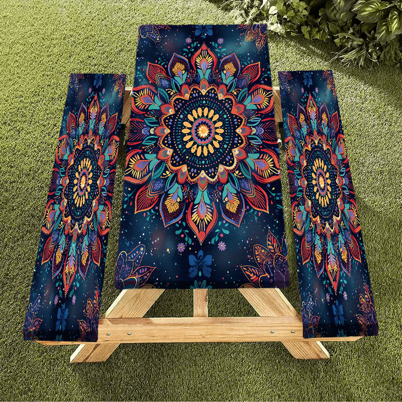 1/3pcs Outdoor Picnic Tablecloth Set (1 Tablecloth + 2 Stool Sets) Bohemian Style Colorful Floral Elastic Tablecloth, Edge Elastic Tablecloth, Suitable for Picnics, Camping, and Outdoor Activities