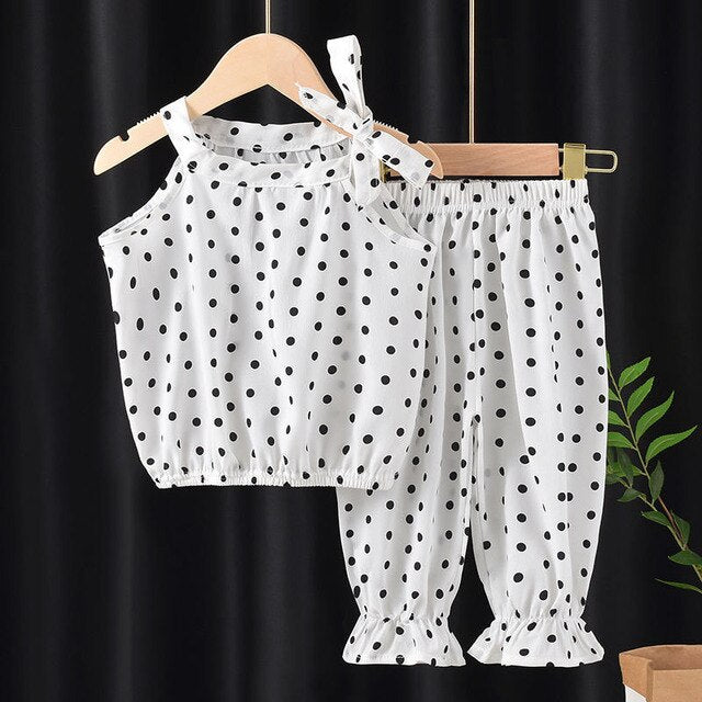 2PCS Baby Girls Clothing Sets Summer Sleeveless Polka Dot Kids Girls Clothes Sets Chiffon Shirts+Pants Outfits Children Suits