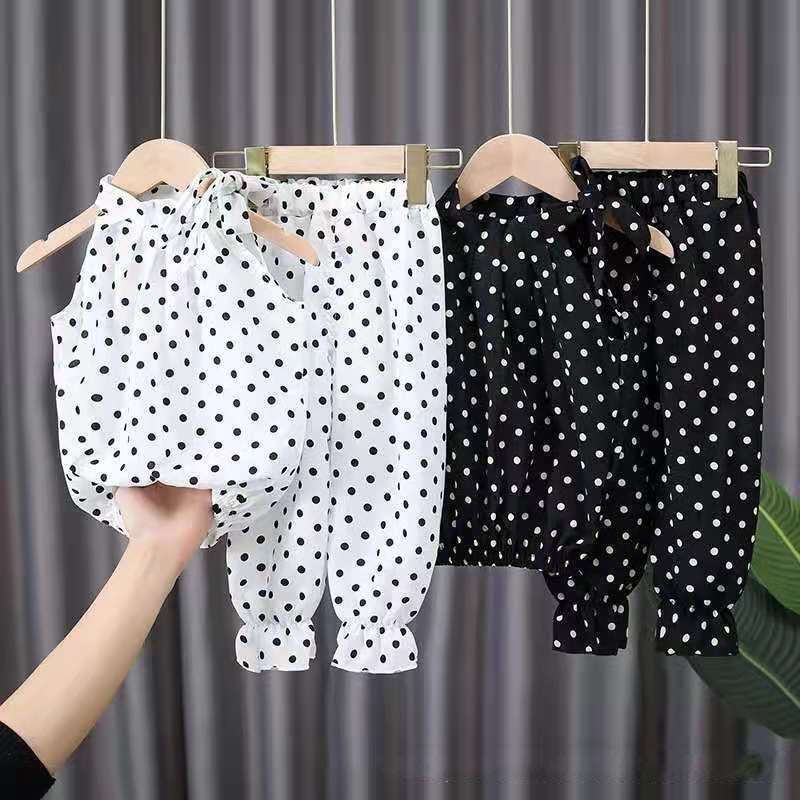 2PCS Baby Girls Clothing Sets Summer Sleeveless Polka Dot Kids Girls Clothes Sets Chiffon Shirts+Pants Outfits Children Suits