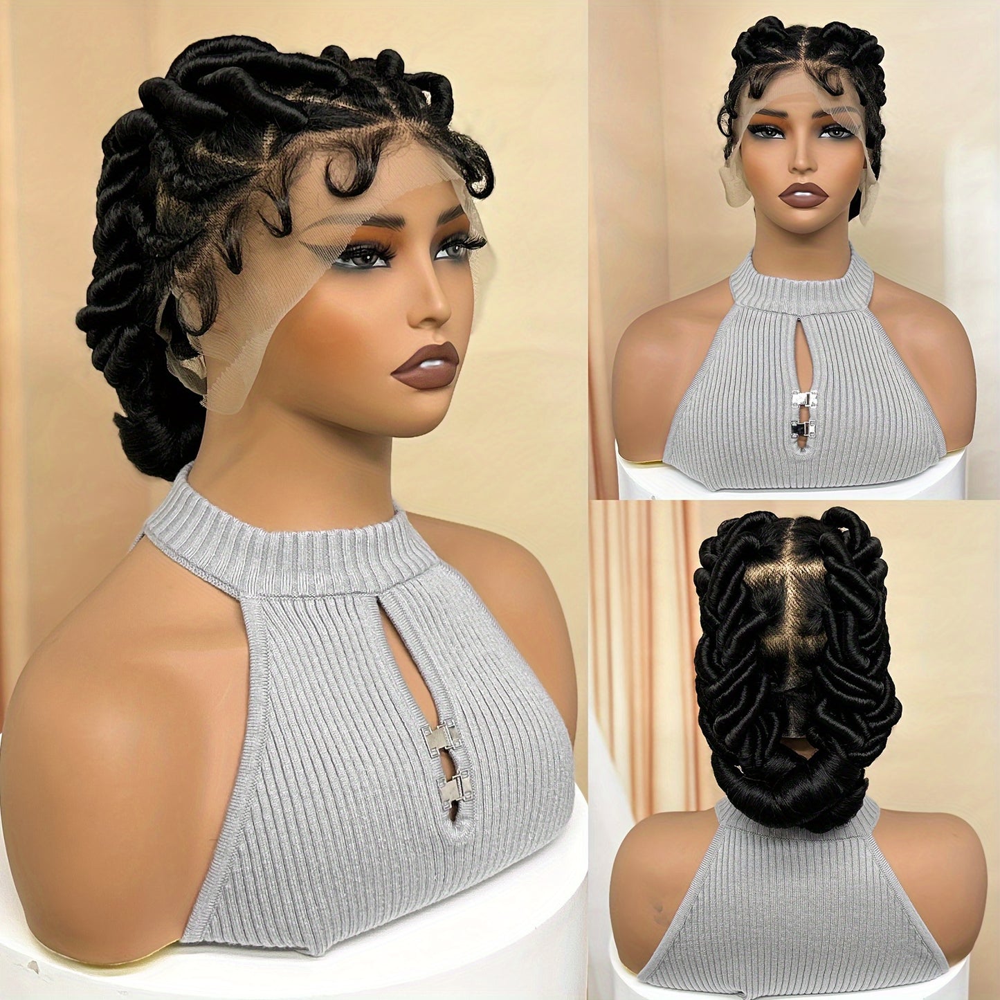 Freesia Beauty Elegant Full Lace Synthetic Wig for Women - High-Density 180%, Heat Resistant Up to 356°F, Versatile Black Braided Style with Natural Look & Fullness, Suitable for All Ethnicities, Heat Resistant Lace Front Wi