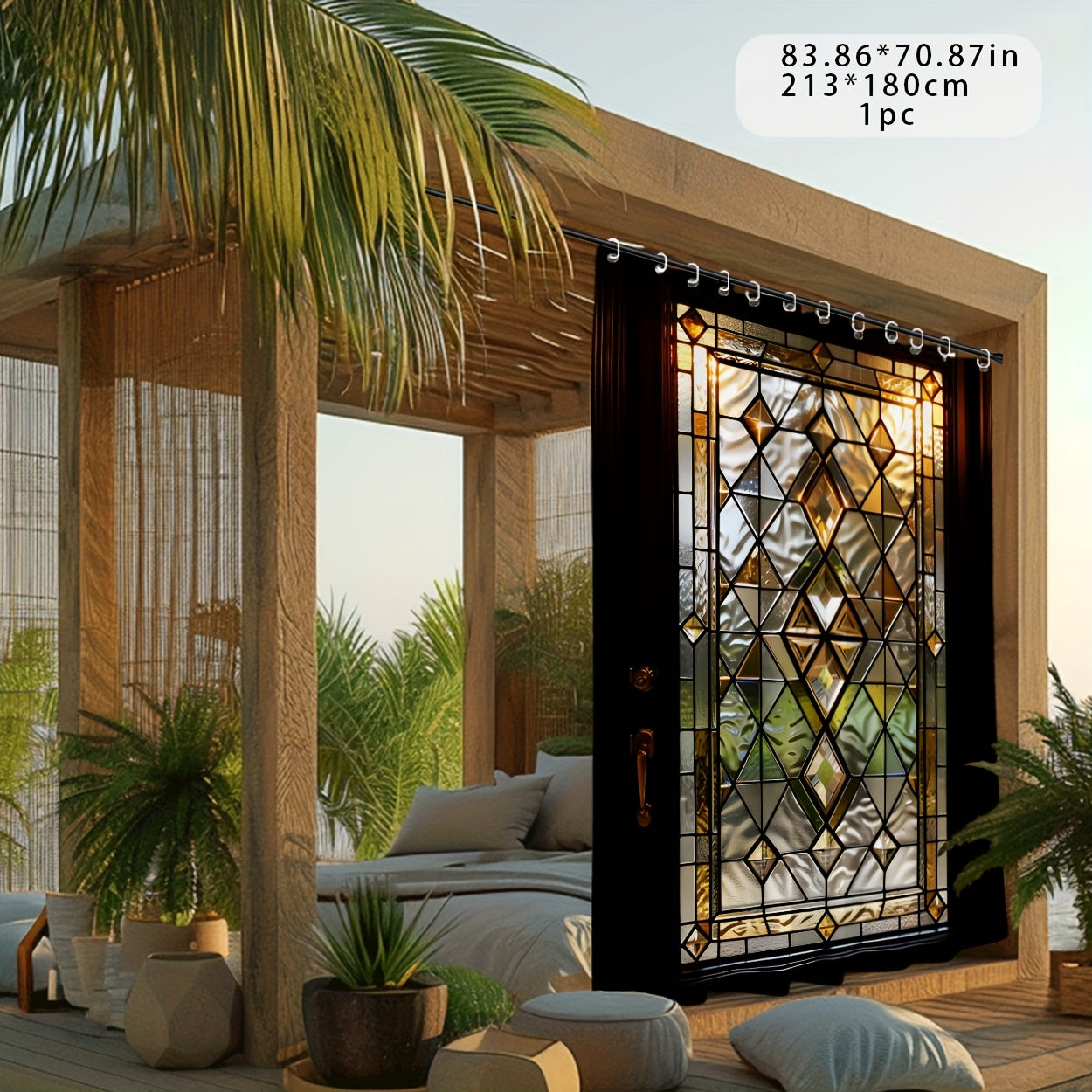 Outdoor Curtain, Semi-transparent Glass Door Print Pattern 2D, Machine Washable Suitable for Patio, Pavilion, Courtyard, Garden, Bathroom, All Seasons with Hook, 1pc/2pcs Sunshade Curtain, Toilet Cover, Bathroom Accessories,