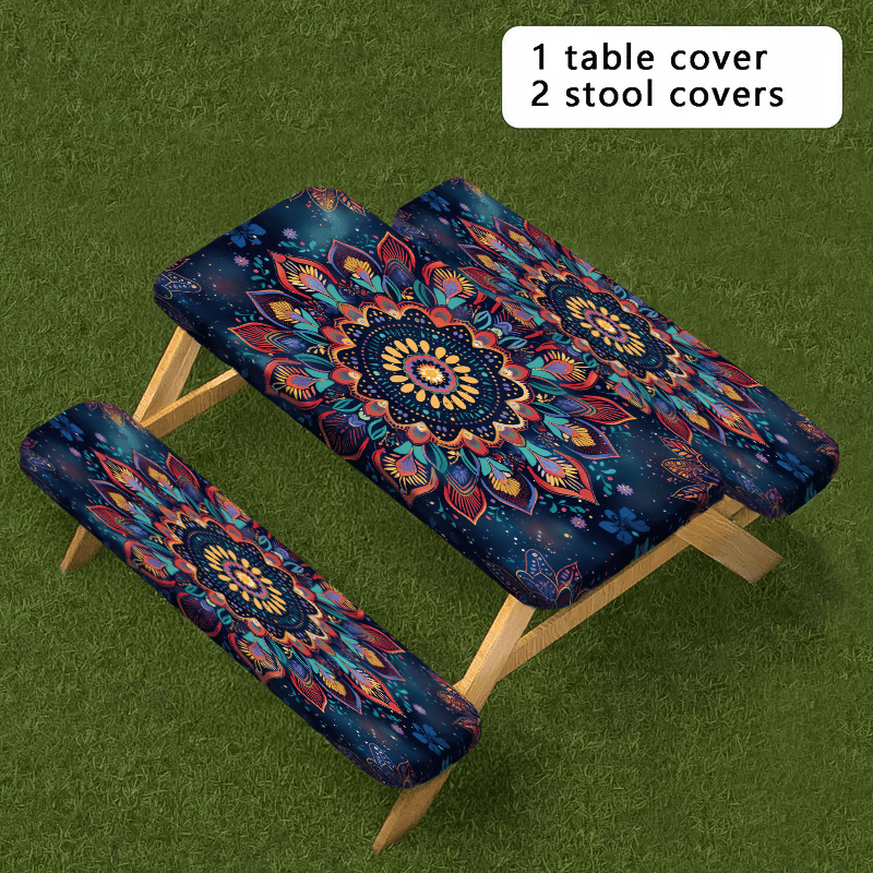 1/3pcs Outdoor Picnic Tablecloth Set (1 Tablecloth + 2 Stool Sets) Bohemian Style Colorful Floral Elastic Tablecloth, Edge Elastic Tablecloth, Suitable for Picnics, Camping, and Outdoor Activities