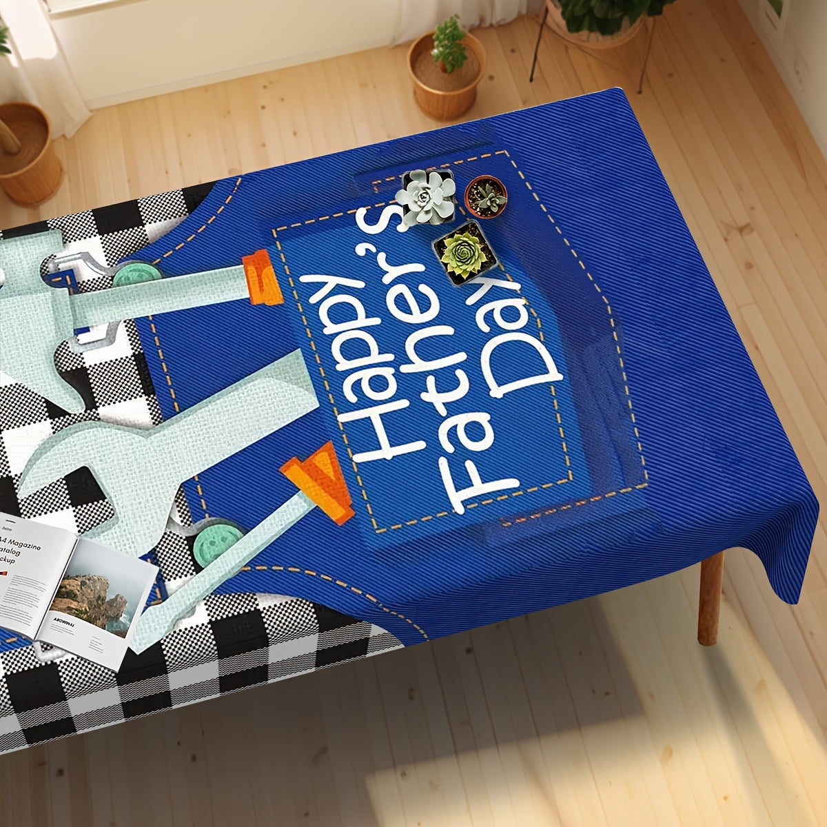 Father's Day Tablecloth Blue White Checkered Table Cover