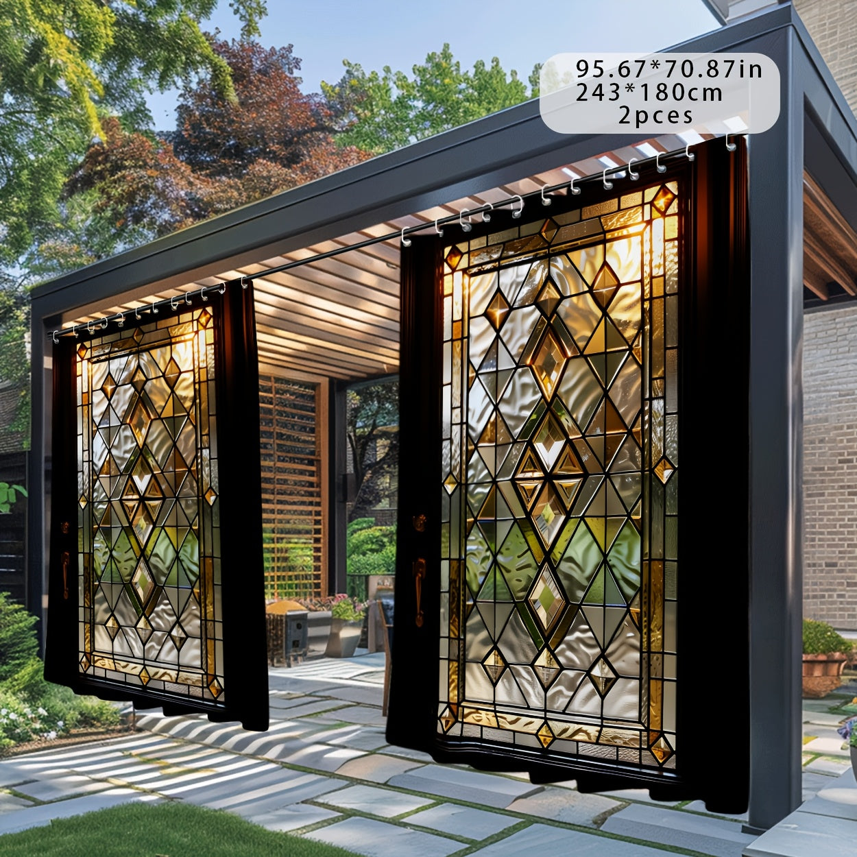 Outdoor Curtain, Semi-transparent Glass Door Print Pattern 2D, Machine Washable Suitable for Patio, Pavilion, Courtyard, Garden, Bathroom, All Seasons with Hook, 1pc/2pcs Sunshade Curtain, Toilet Cover, Bathroom Accessories,
