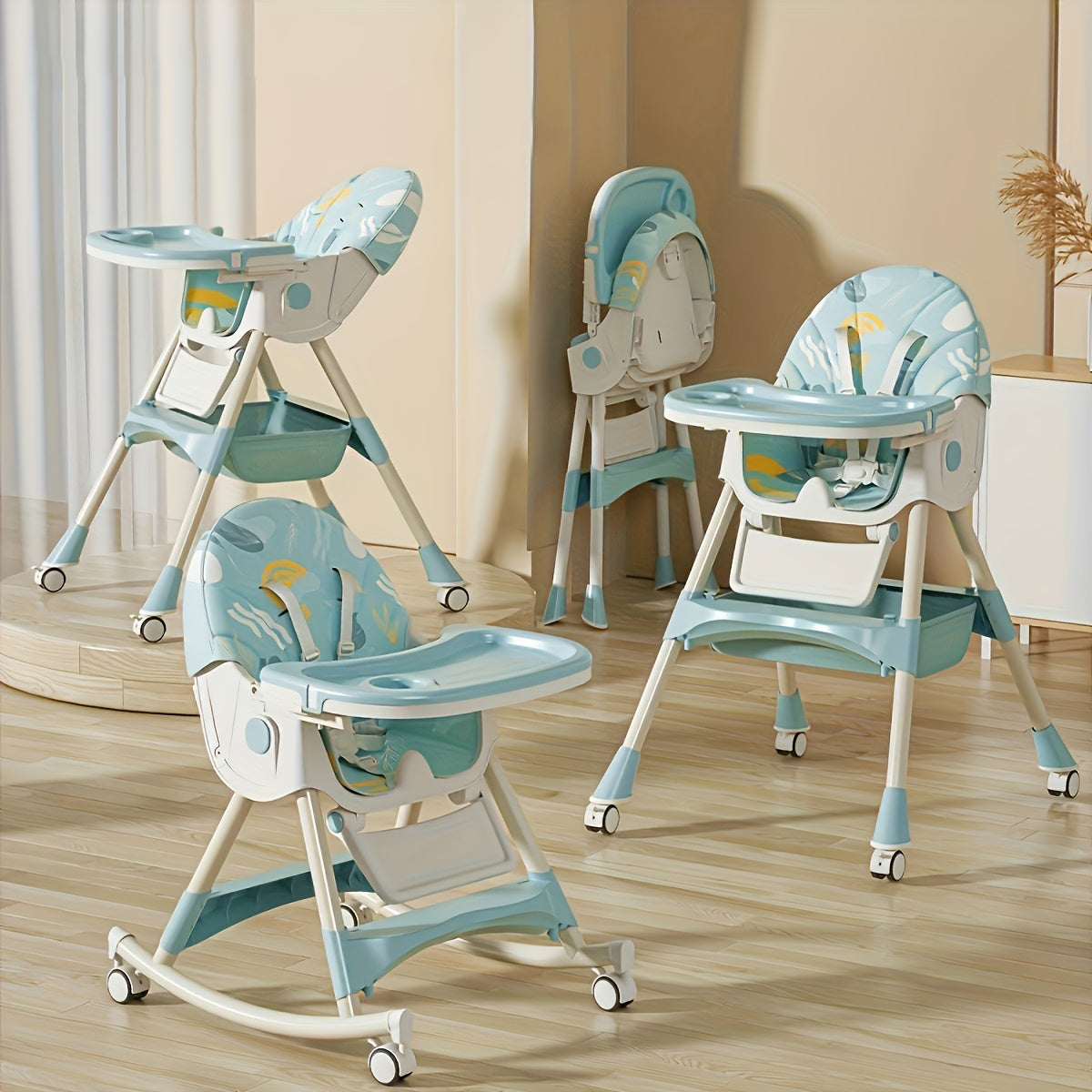 1pc Adjustable Youngsters' Dining Chair - Multi-Functional, Portable, PU Leather, Blue & White Pattern, 5-Point Harness, Tray Included, Perfect for Home Use