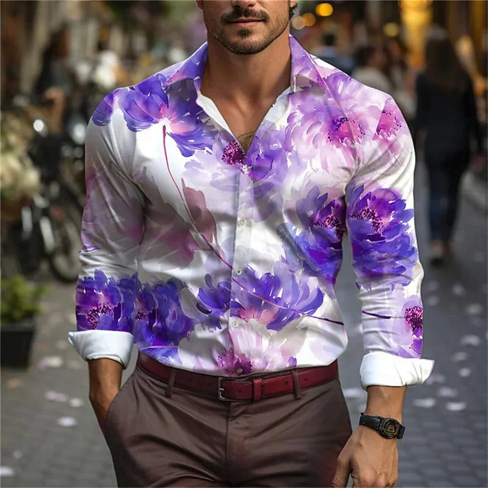 Kenis Men’s 3D Leaf Print Casual Long Sleeve Shirt