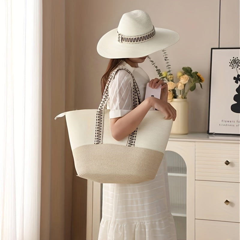 Summer Travel Set: 2pcs Wide Brim Straw Hat And Large Capacity Beach Bag with Zipper Closure, Perfect for Summer Outdoor Adventures, Camping, And Beach Vacation