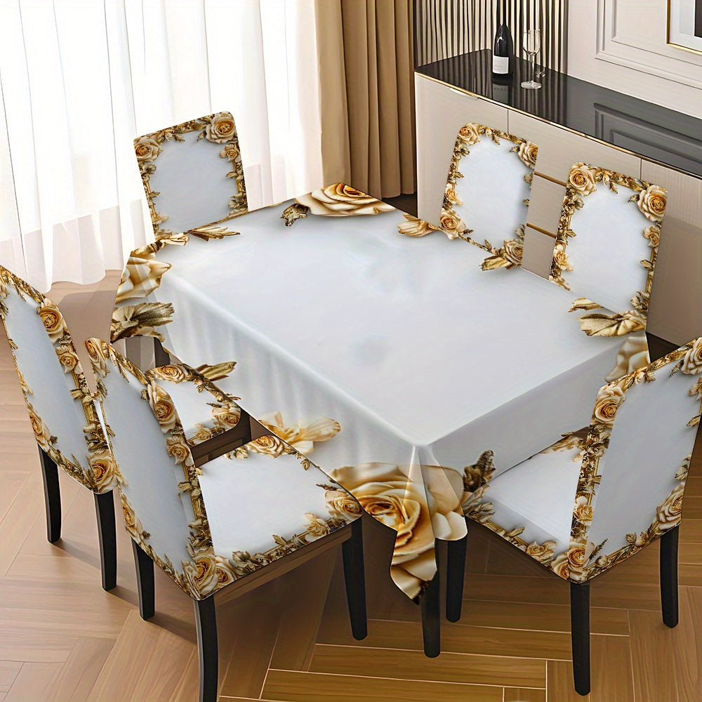 5pcs/ 7pcs luxury Golden flower pattern tablecloth and chair cover set, 5pcs (1 tablecloth 4 chair covers), 7pcs (1 tablecloth 6 chair covers), non-slip tablecloth chair cover, suitable for family gatherings, festive table an