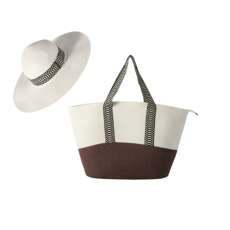 Summer Travel Set: 2pcs Wide Brim Straw Hat And Large Capacity Beach Bag with Zipper Closure, Perfect for Summer Outdoor Adventures, Camping, And Beach Vacation
