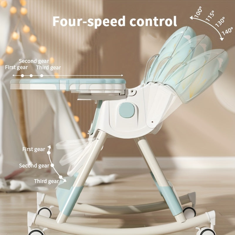 1pc Adjustable Youngsters' Dining Chair - Multi-Functional, Portable, PU Leather, Blue & White Pattern, 5-Point Harness, Tray Included, Perfect for Home Use