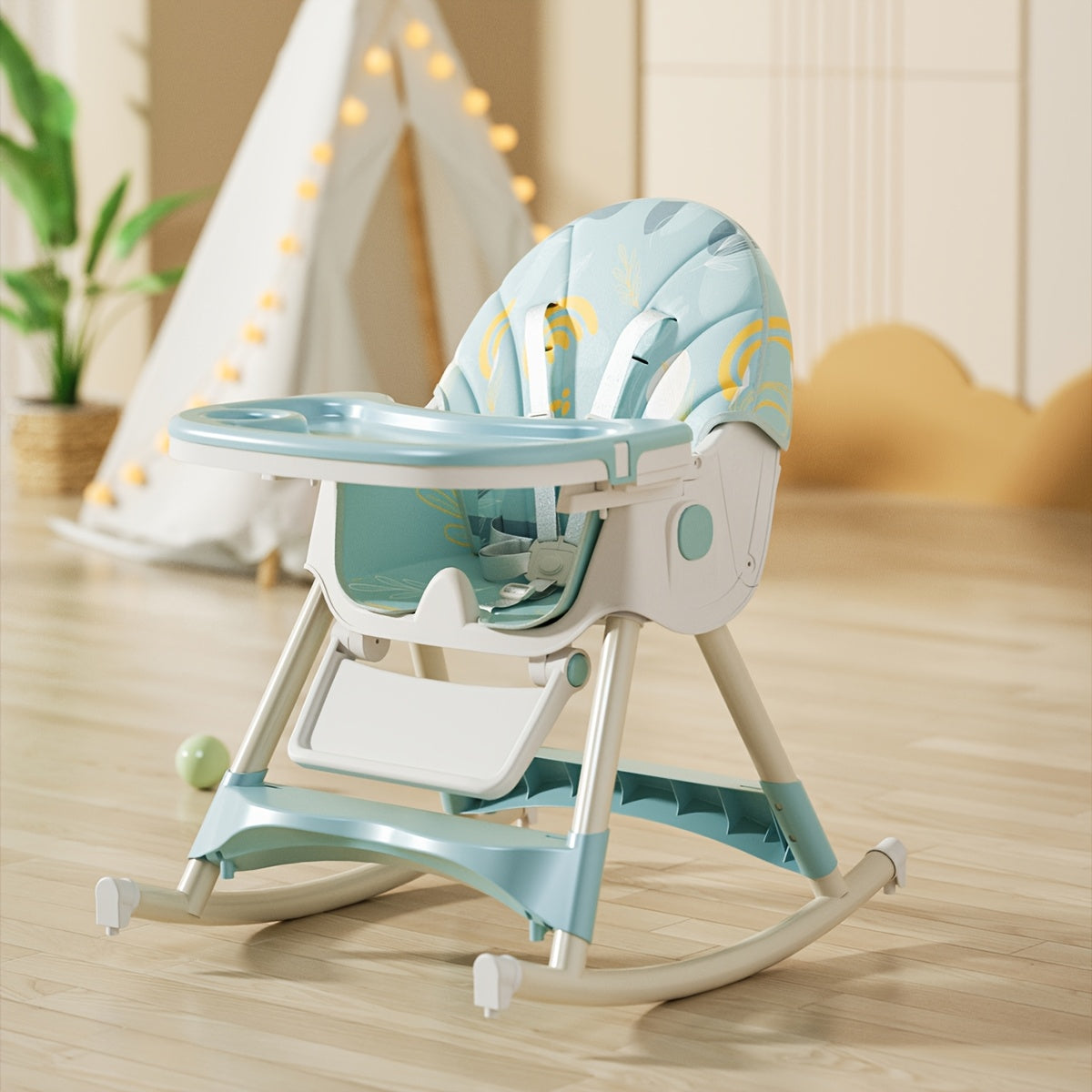 1pc Adjustable Youngsters' Dining Chair - Multi-Functional, Portable, PU Leather, Blue & White Pattern, 5-Point Harness, Tray Included, Perfect for Home Use