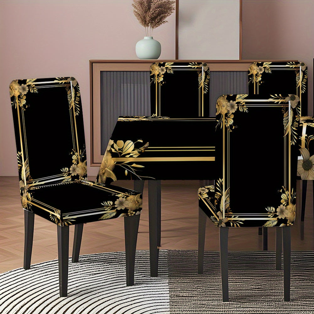 5pcs/ 7pcs Black Background Golden Frame Pattern Tablecloth And Chair Cover Set, 5pieces (1Tablecloth 4Chair Covers), 7pieces (1Tablecloth 6Chair Covers), Non-Slip Tablecloth Chair Cover, Suitable for Family Gatherings, Festi