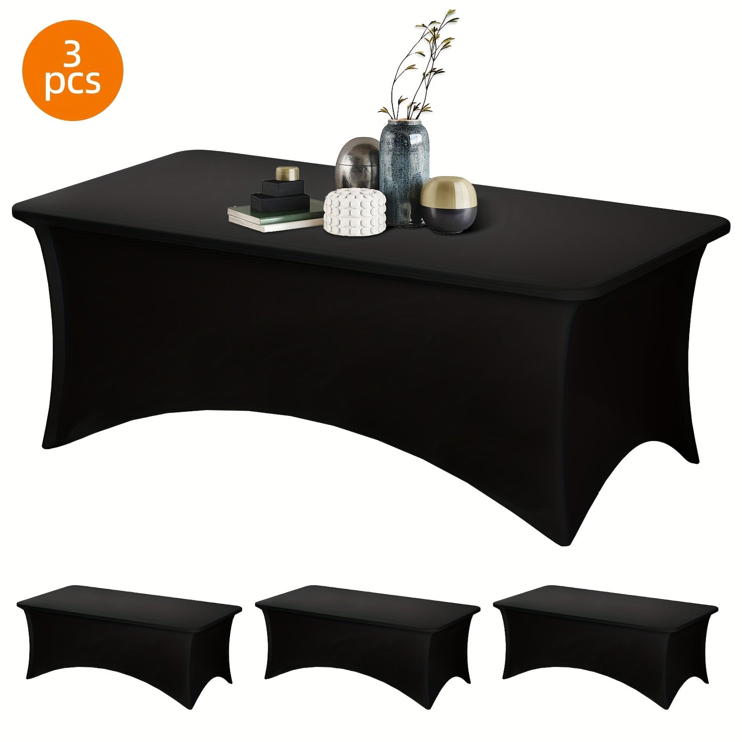 TOMNK 3pcs Black/white Table Cloths Rectangle 4ft/6ft/8ft, Tablecloths Rectangular Stretch Spandex Fitted Table Covers, Trade Shows, Banquet, Weddings, Buffet, Graduation Decorations