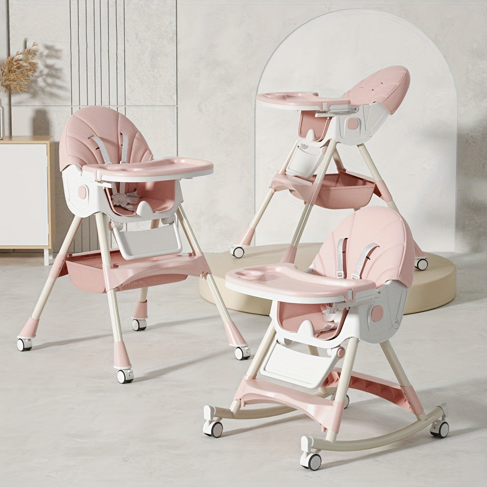 1pc Adjustable Youngsters' Dining Chair - Multi-Functional, Portable, PU Leather, Blue & White Pattern, 5-Point Harness, Tray Included, Perfect for Home Use