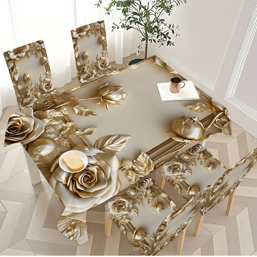5pcs/ 7pcs Luxury Golden Flower Pattern Tablecloth And Chair Cover Set, 5pcs (1 Tablecloth 4 Chair Covers), 7pcs (1 Tablecloth 6 Chair Covers), Non-Slip Tablecloth Chair Cover, Suitable for Family Gatherings, Holiday Table An