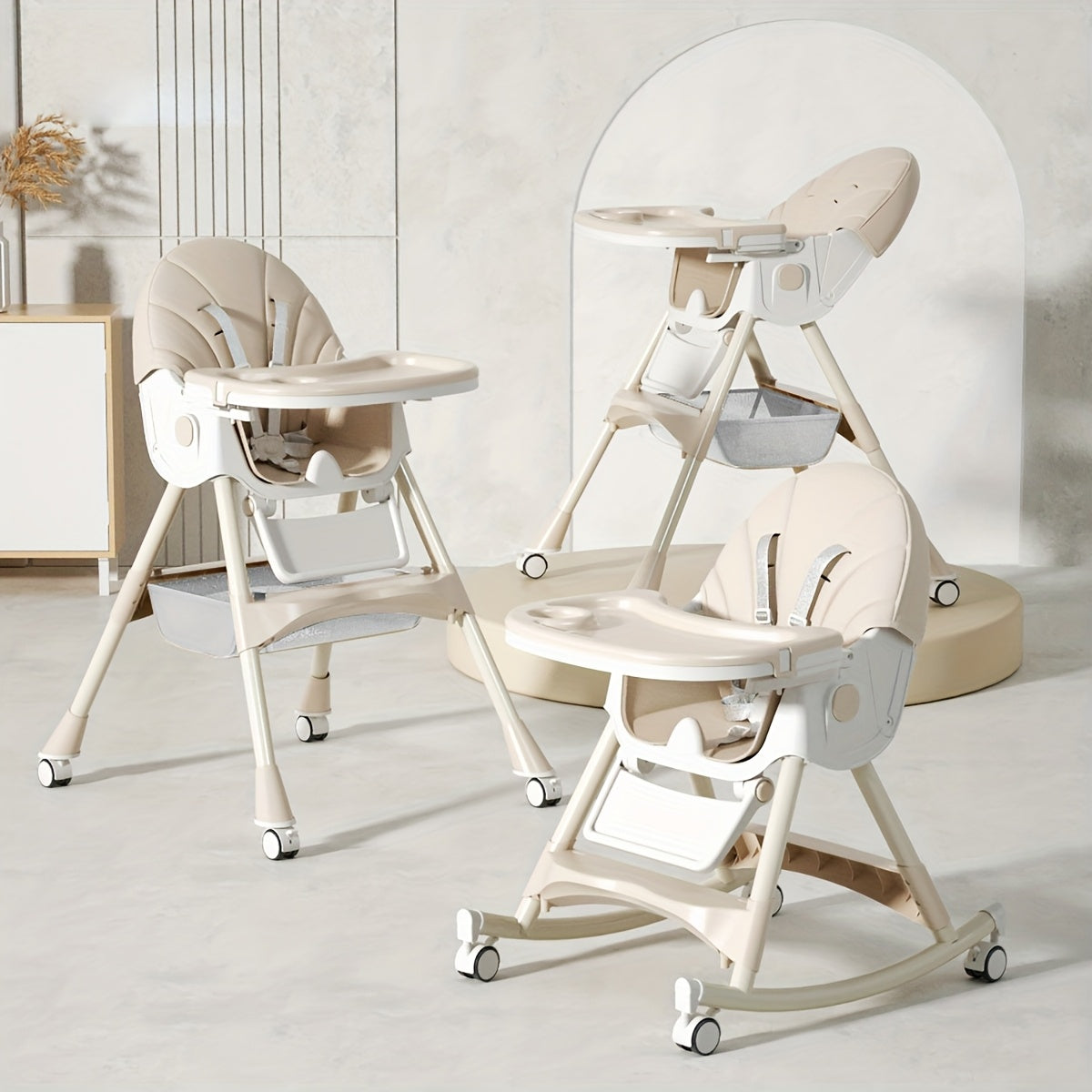 1pc Adjustable Youngsters' Dining Chair - Multi-Functional, Portable, PU Leather, Blue & White Pattern, 5-Point Harness, Tray Included, Perfect for Home Use