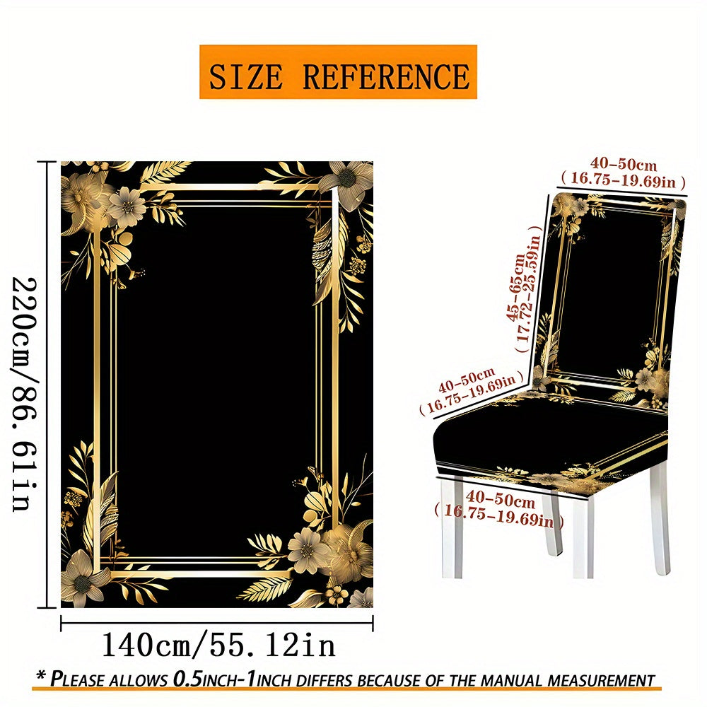5pcs/ 7pcs Black Background Golden Frame Pattern Tablecloth And Chair Cover Set, 5pieces (1Tablecloth 4Chair Covers), 7pieces (1Tablecloth 6Chair Covers), Non-Slip Tablecloth Chair Cover, Suitable for Family Gatherings, Festi