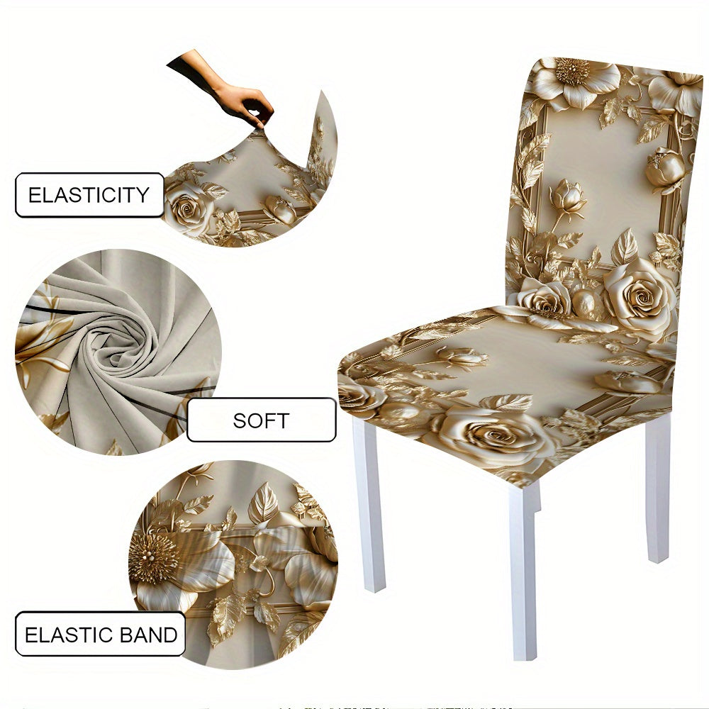 5pcs/ 7pcs Luxury Golden Flower Pattern Tablecloth And Chair Cover Set, 5pcs (1 Tablecloth 4 Chair Covers), 7pcs (1 Tablecloth 6 Chair Covers), Non-Slip Tablecloth Chair Cover, Suitable for Family Gatherings, Holiday Table An