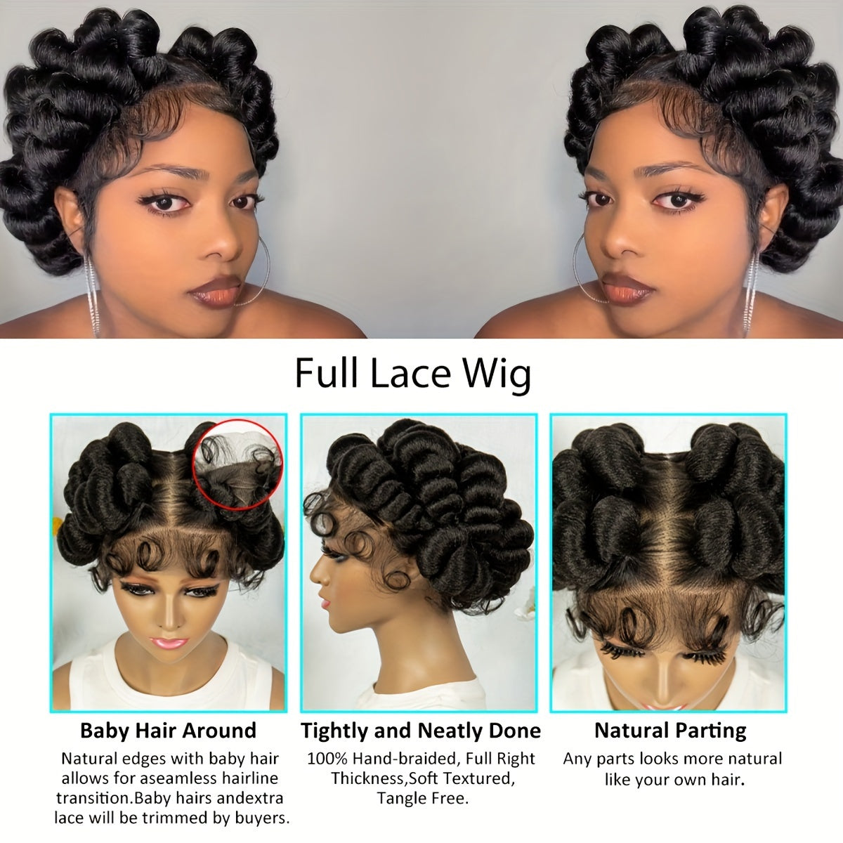 Elegant Full Lace Braid Wig for Women - 200% Density, Double-Layered, Short Style with Large Partition - Perfect for Daily Wear
