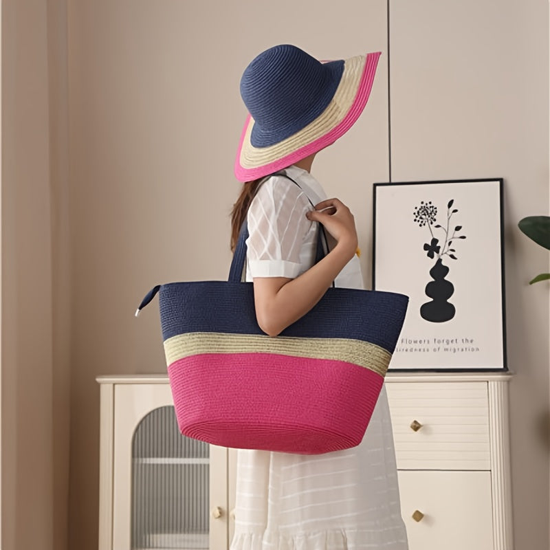 Summer Travel Set: 2pcs Wide Brim Straw Hat And Large Capacity Beach Bag with Zipper Closure, Perfect for Summer Outdoor Adventures, Camping, And Beach Vacation