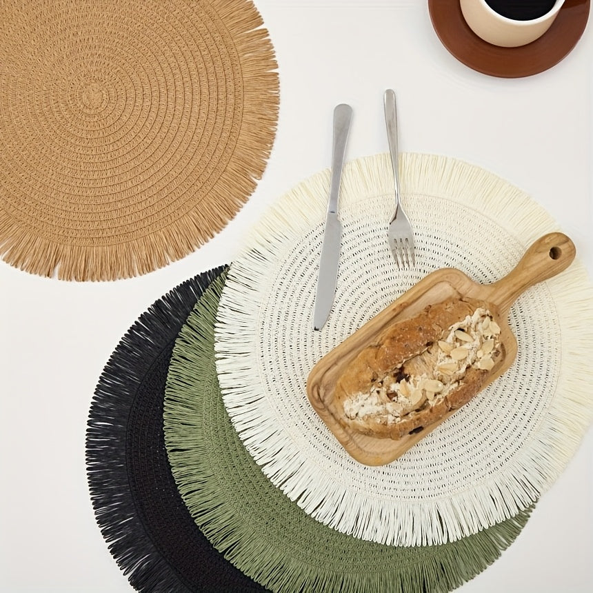 [12pcs Bohemian Linen Placemats]12pcs Bohemian-Style Round Placemats with Tassels, 6 Popular Colors, 15Inch Farmhouse Paper Placemats for Natural Farmhouse Table Family Gatherings Birthdays Party Decor, Heat-Resistant Protect