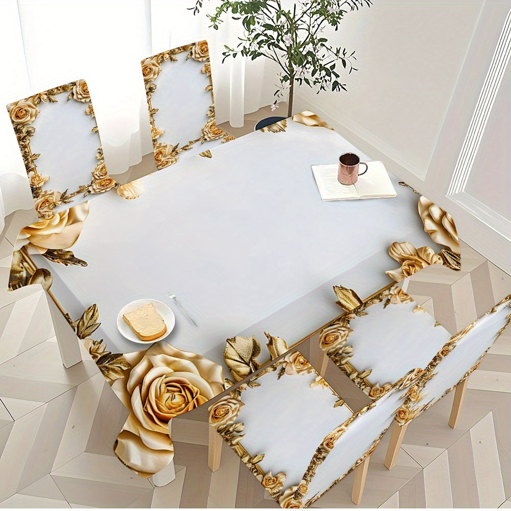 5pcs/ 7pcs luxury Golden flower pattern tablecloth and chair cover set, 5pcs (1 tablecloth 4 chair covers), 7pcs (1 tablecloth 6 chair covers), non-slip tablecloth chair cover, suitable for family gatherings, festive table an