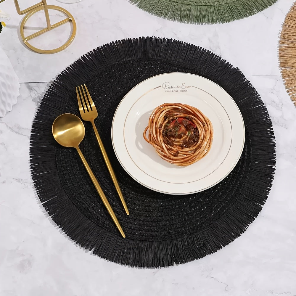 [12pcs Bohemian Linen Placemats]12pcs Bohemian-Style Round Placemats with Tassels, 6 Popular Colors, 15Inch Farmhouse Paper Placemats for Natural Farmhouse Table Family Gatherings Birthdays Party Decor, Heat-Resistant Protect
