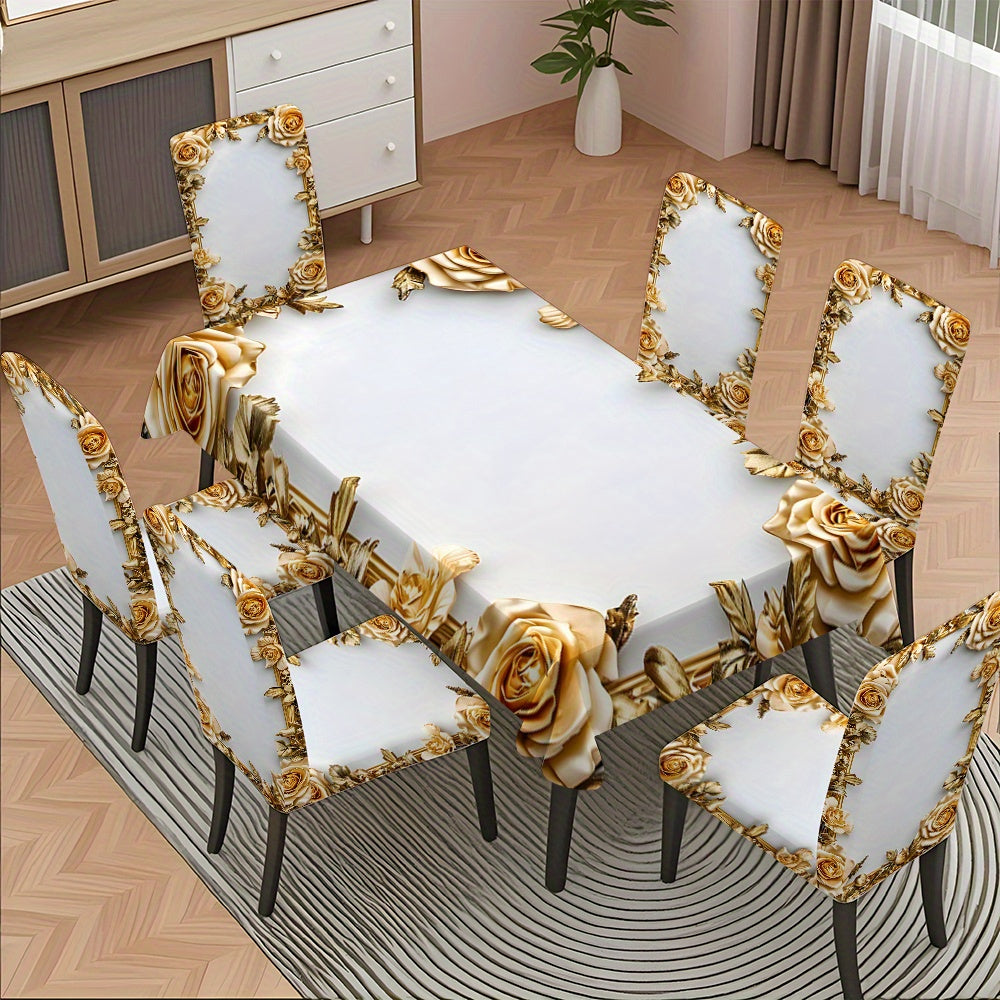 5pcs/ 7pcs luxury Golden flower pattern tablecloth and chair cover set, 5pcs (1 tablecloth 4 chair covers), 7pcs (1 tablecloth 6 chair covers), non-slip tablecloth chair cover, suitable for family gatherings, festive table an