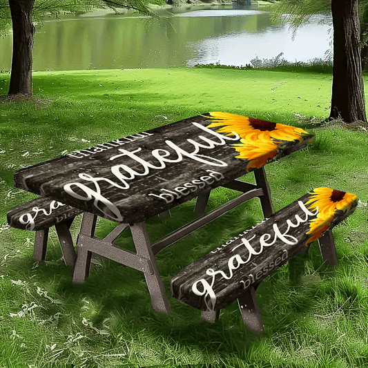 Product 1/3pcs Picnic Tablecloth Set (1 Tablecloth + 2 Stool Covers) Simple Gray Wood Grain Background Sunflower Print Elastic Tablecloth, Suitable for Picnic and Camping Tablecloths, Is a Must-have for Outdoor Barbecue and H