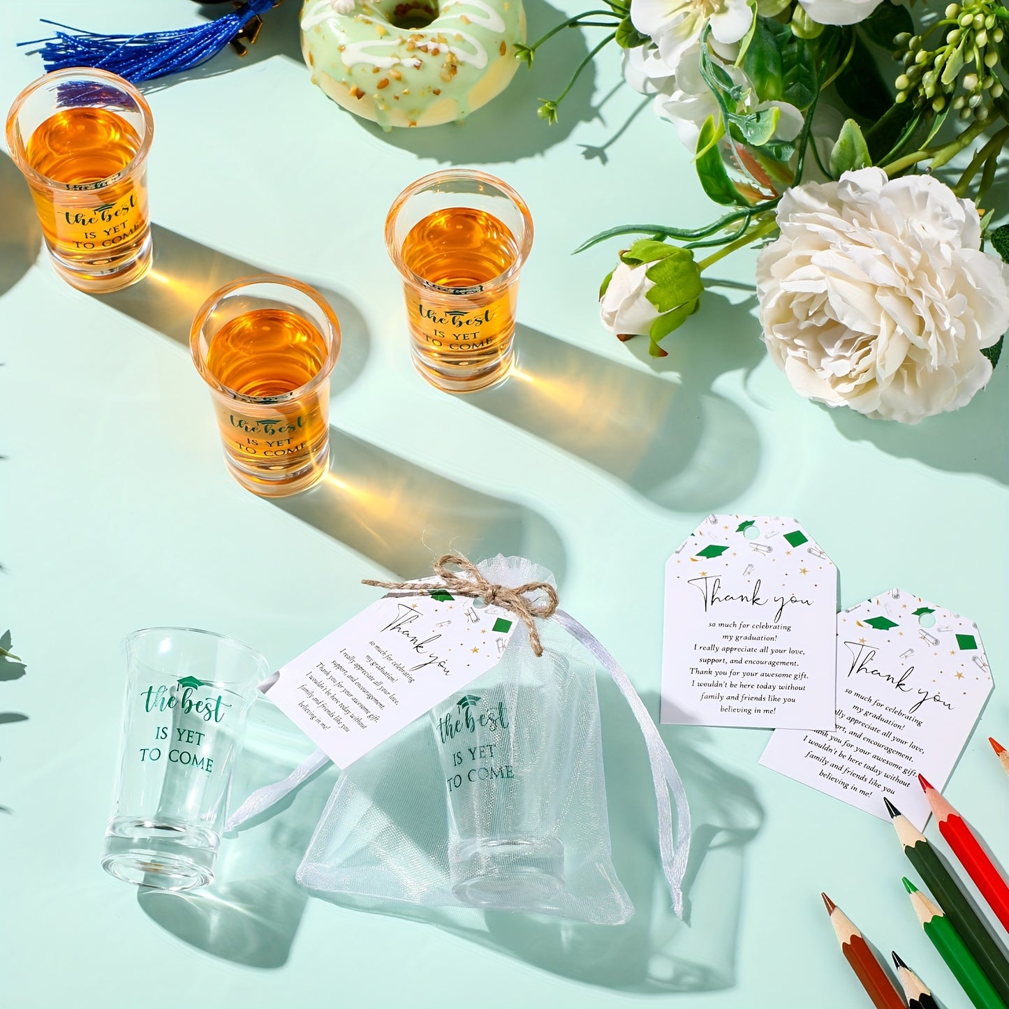 25 Set Graduation Gifts Party Packs Class of 2025 the Best Is Yet to Come Acrylic Shot Glasses with Thank You Cards and Organza Bags for High School College Grad Guests Souvenir Gifts (Green)