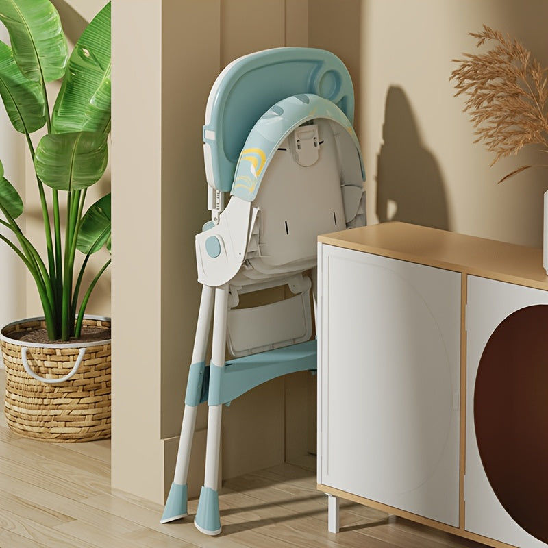1pc Adjustable Youngsters' Dining Chair - Multi-Functional, Portable, PU Leather, Blue & White Pattern, 5-Point Harness, Tray Included, Perfect for Home Use