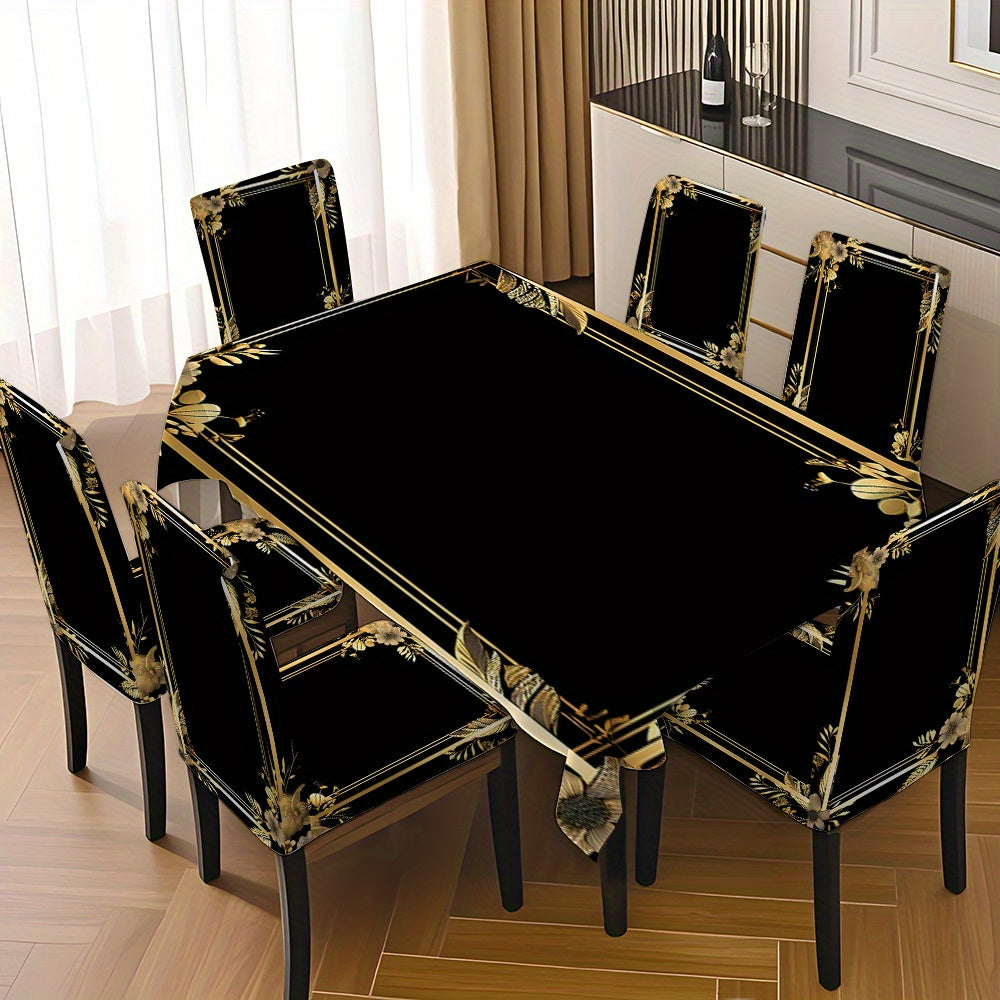 5pcs/ 7pcs Black Background Golden Frame Pattern Tablecloth And Chair Cover Set, 5pieces (1Tablecloth 4Chair Covers), 7pieces (1Tablecloth 6Chair Covers), Non-Slip Tablecloth Chair Cover, Suitable for Family Gatherings, Festi