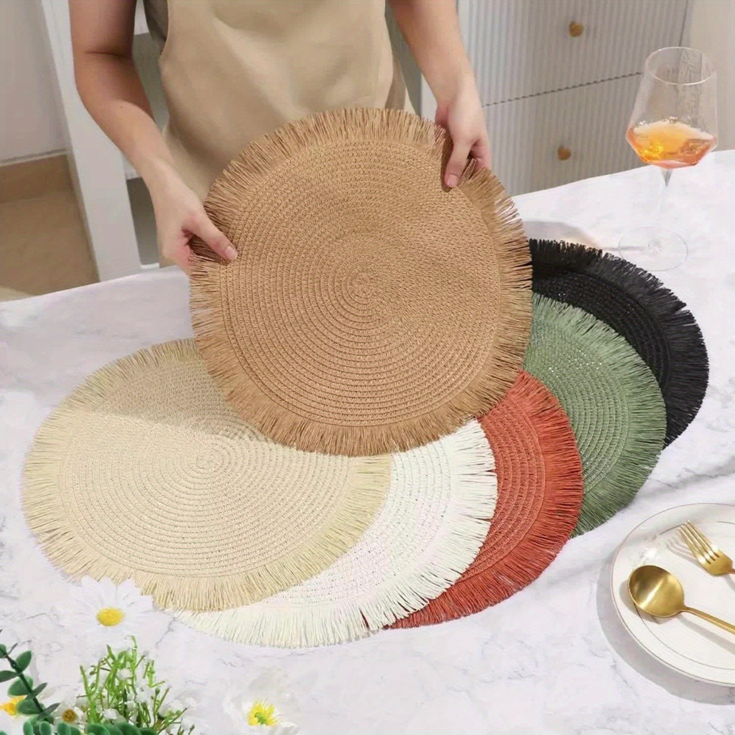 [12pcs Bohemian Linen Placemats]12pcs Bohemian-Style Round Placemats with Tassels, 6 Popular Colors, 15Inch Farmhouse Paper Placemats for Natural Farmhouse Table Family Gatherings Birthdays Party Decor, Heat-Resistant Protect